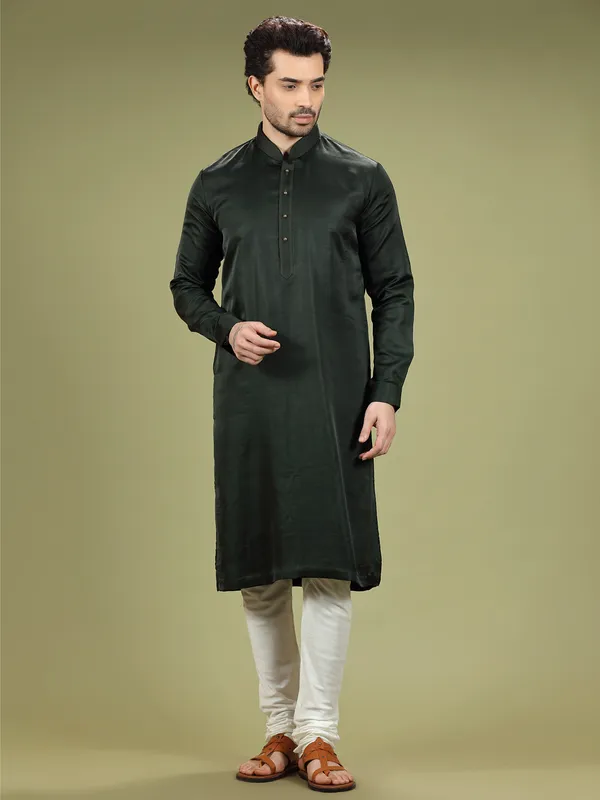 Dark green silk plain  Men Kurta pajama