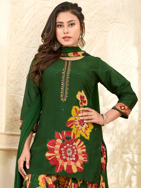 Dark green silk printed festive salwar suit
