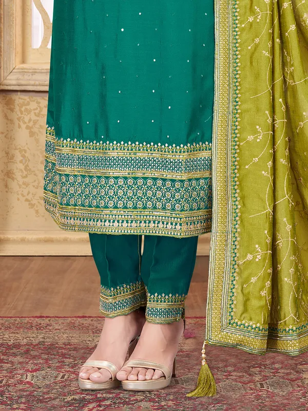 Dark green silk salwar suit with olive dupatta