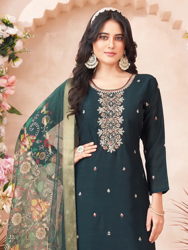 Dark green silk salwar suti with printed dupatta