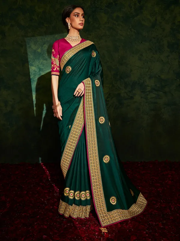 Dark green soft silk wedding saree