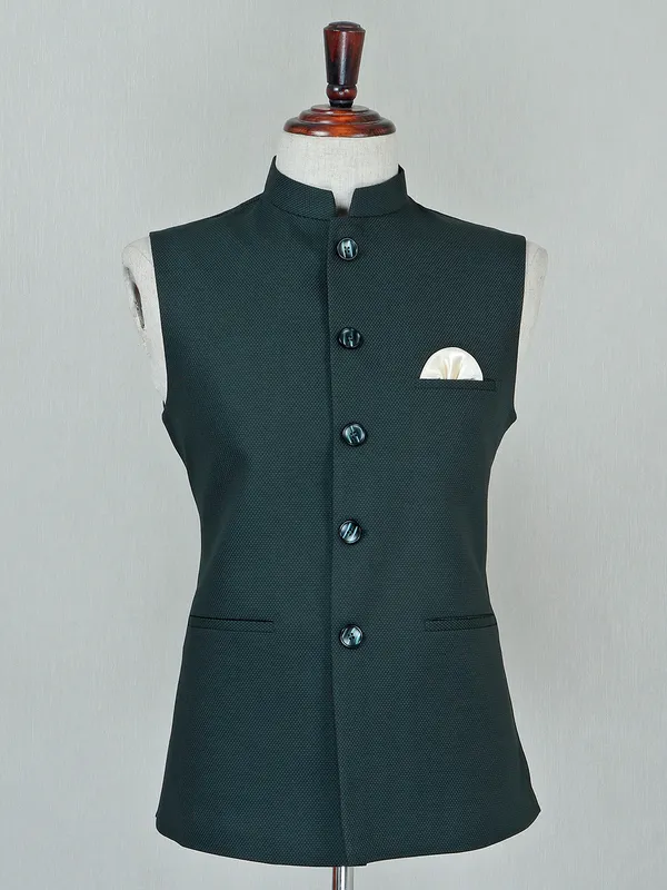Dark green textured cotton silk men waistcoat