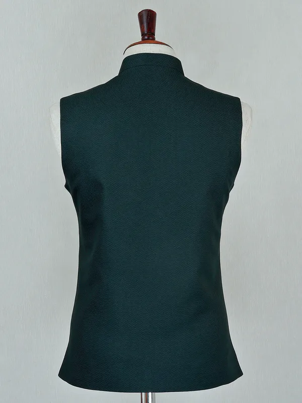 Dark green textured cotton silk men waistcoat