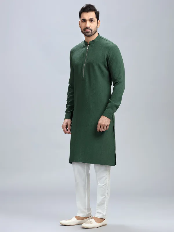 Dark green textured kurta set for men