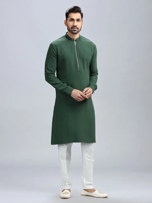 Dark green textured kurta set for men