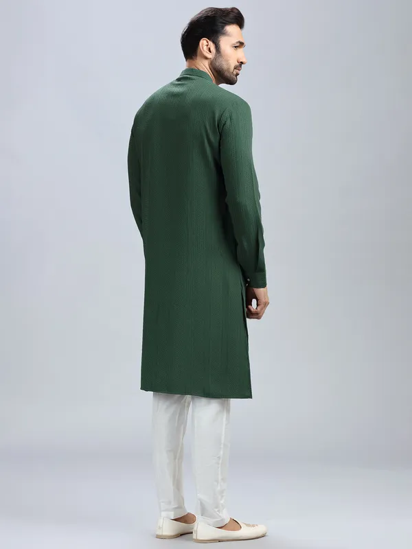 Dark green textured kurta set for men