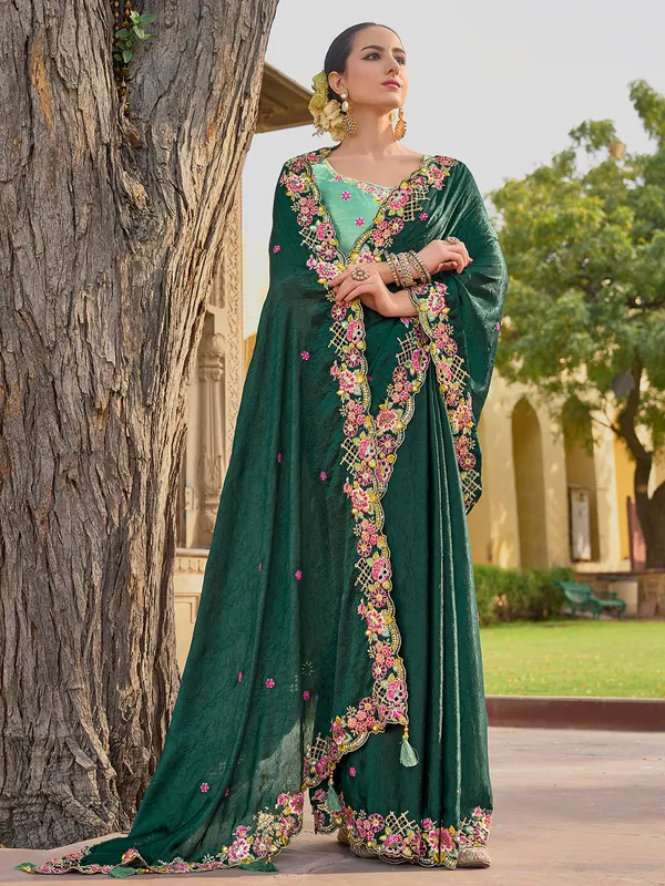 Dark green tissue organza silk saree