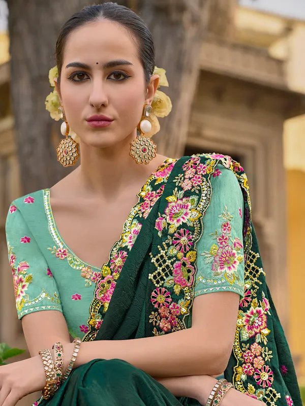 Dark green tissue organza silk saree