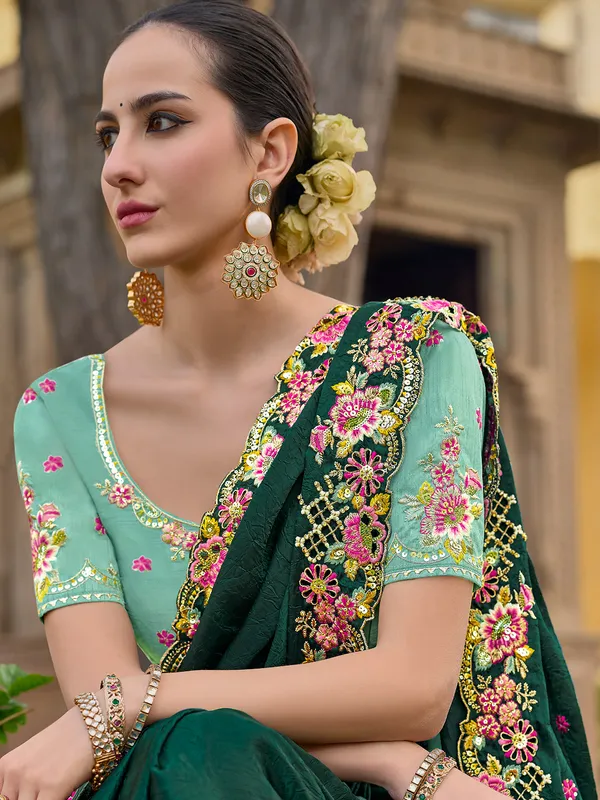 Dark green tissue organza silk saree