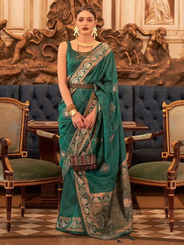 Dark green tussar silk saree