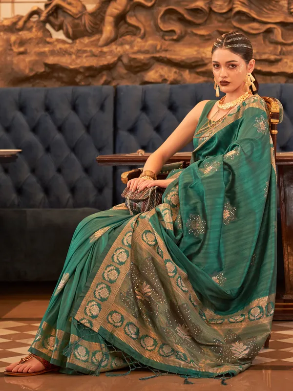 Dark green tussar silk saree