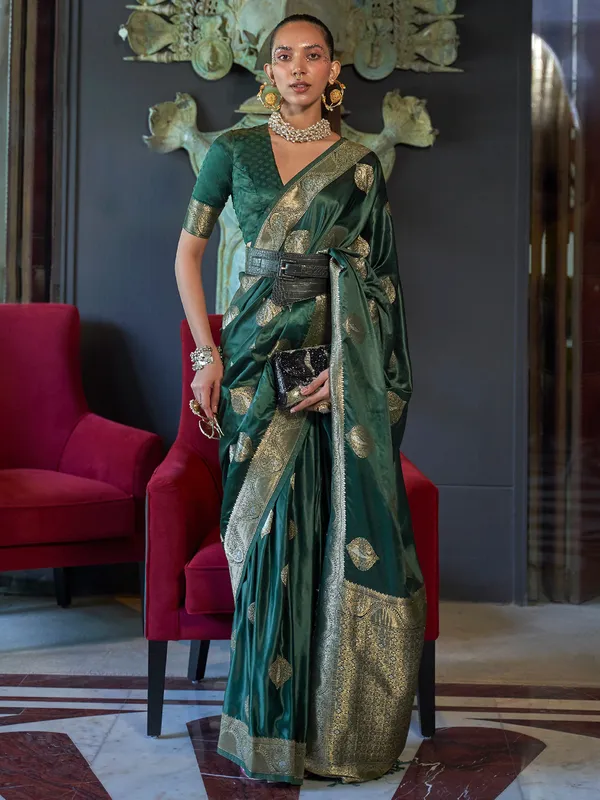 Dark green wedding saree in satin silk