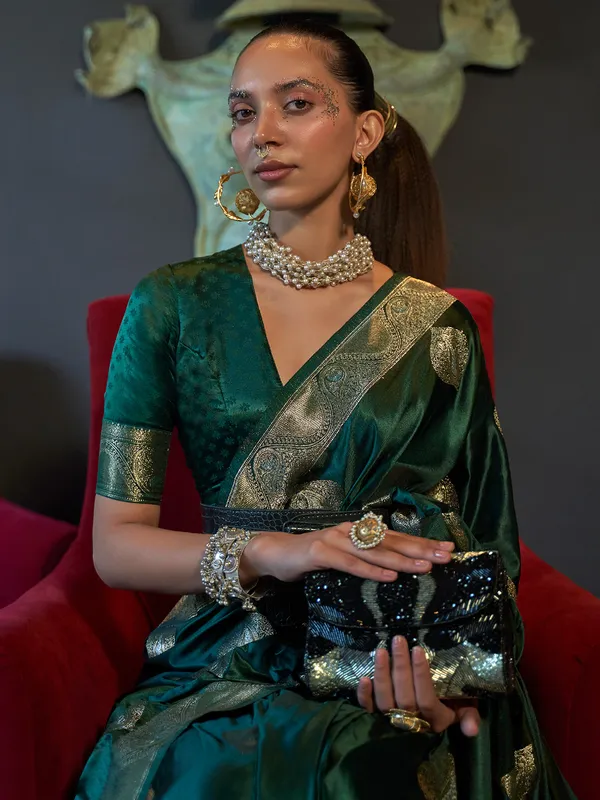 Dark green wedding saree in satin silk