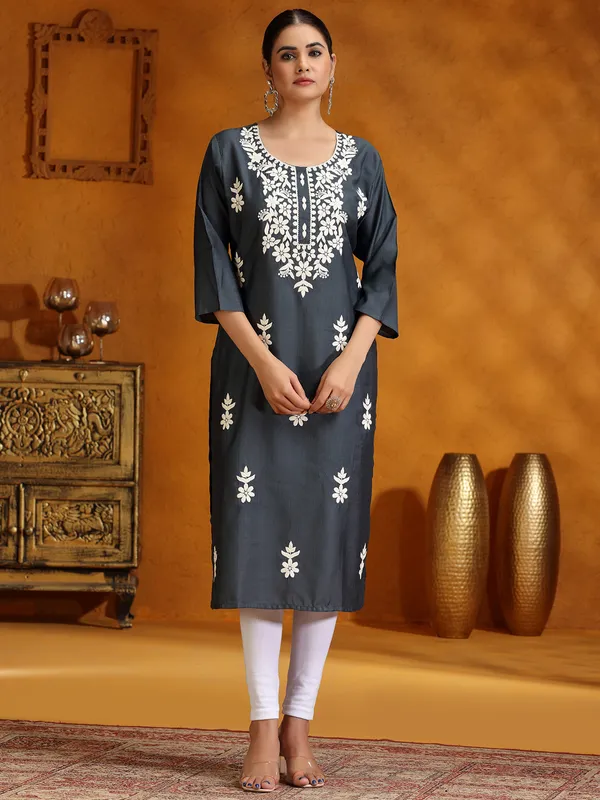 Dark grey casual cotton silk kurti for women