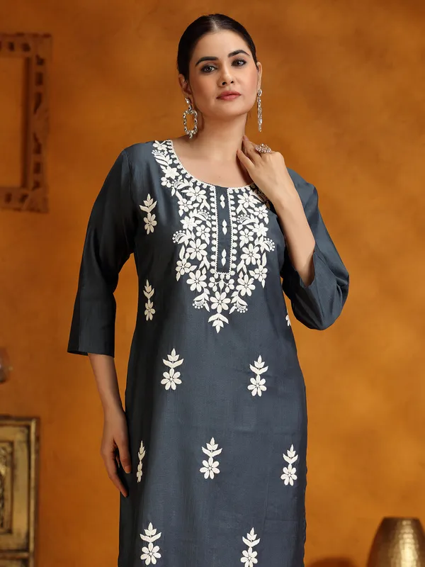 Dark grey casual cotton silk kurti for women