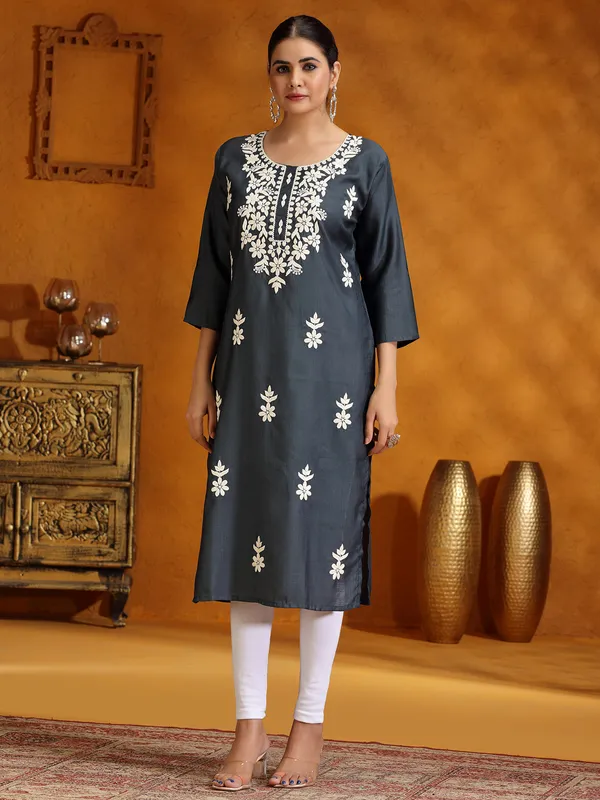 Dark grey casual cotton silk kurti for women
