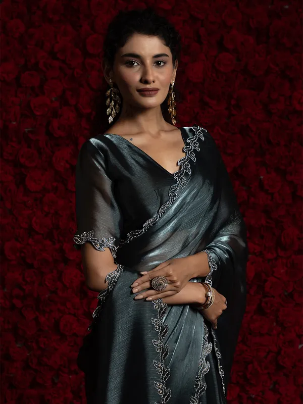 Dark grey chiffon saree with cutdana work