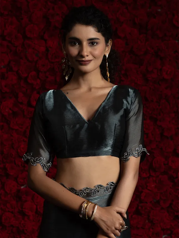 Dark grey chiffon saree with cutdana work
