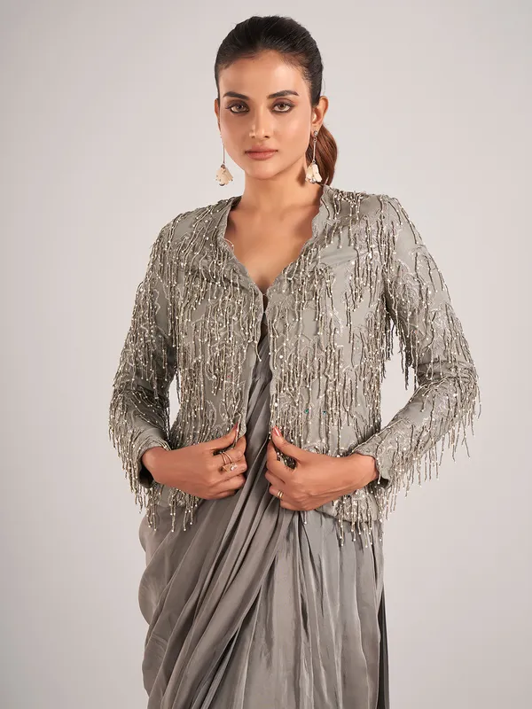 Dark grey chinon silk jacket style saree