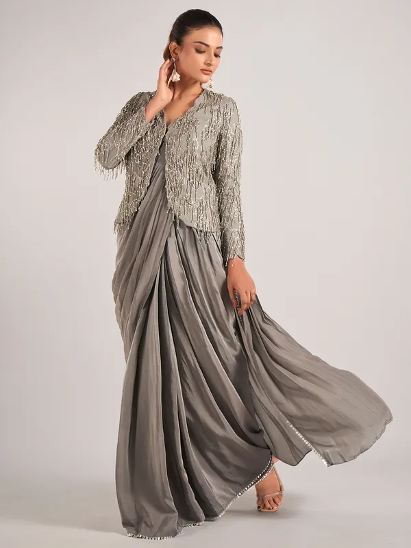 Dark grey chinon silk jacket style saree