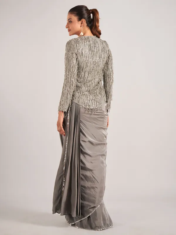 Dark grey chinon silk jacket style saree