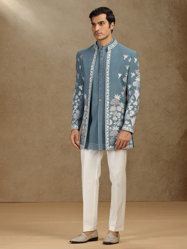 Dark grey cotton indo western for wedding wear
