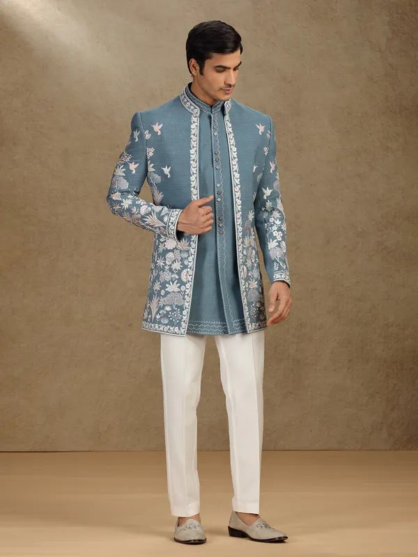 Dark grey cotton indo western for wedding wear