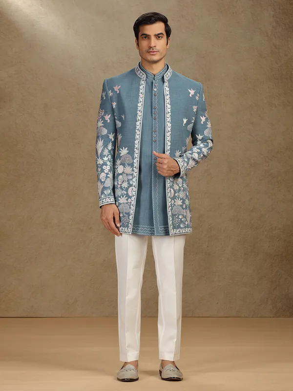 Dark grey cotton indo western for wedding wear