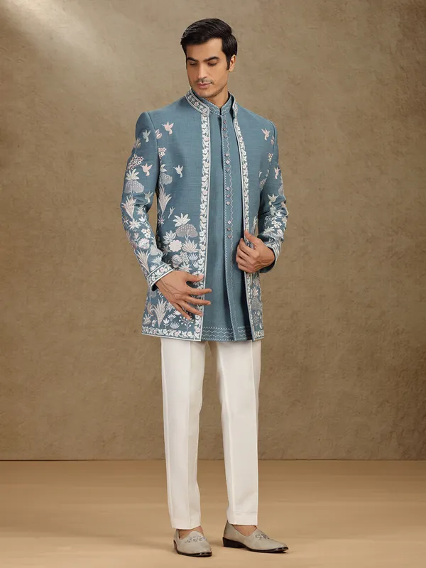 Dark grey cotton indo western for wedding wear