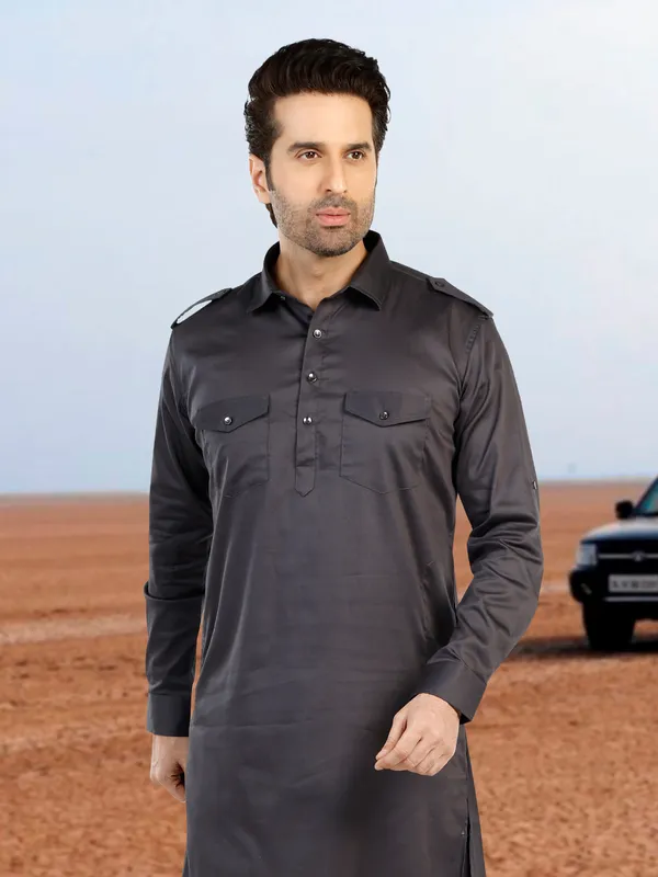 Dark grey cotton plain pathani suit