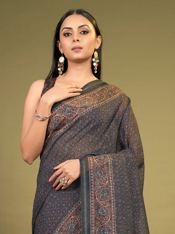 Dark grey cotton printed saree for festive