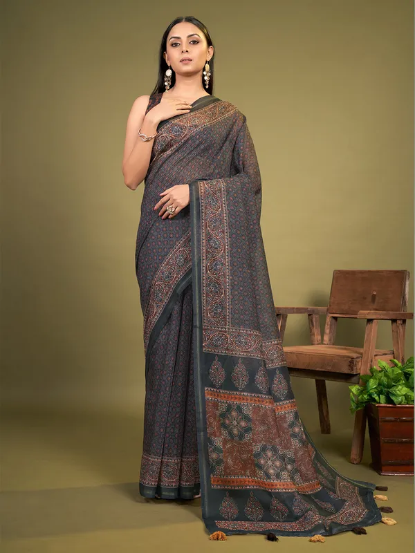 Dark grey cotton printed saree for festive
