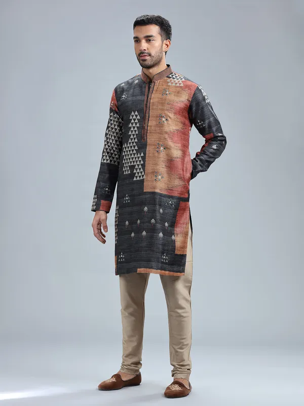 Dark grey cotton silk printed kurta pajama for men