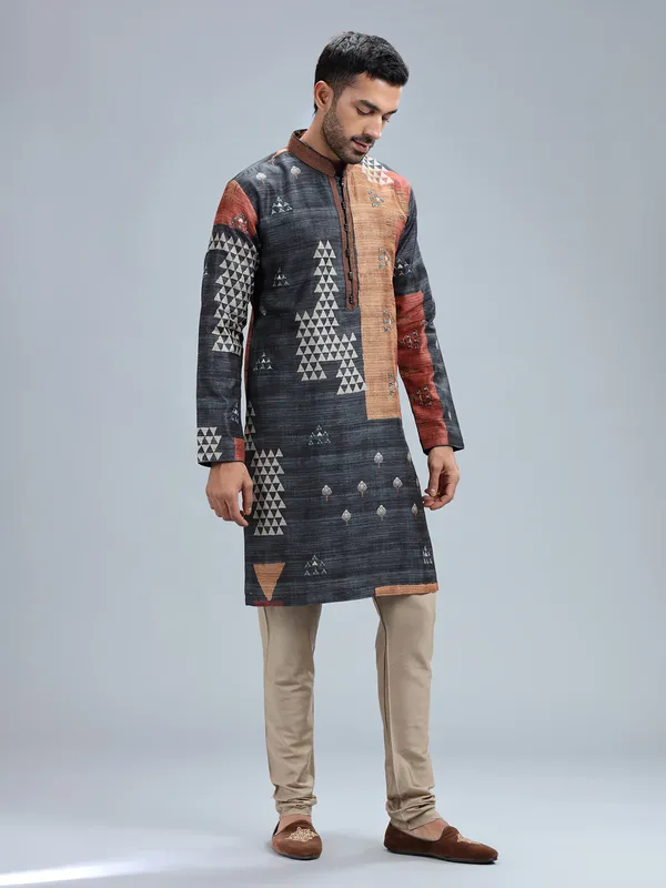 Dark grey cotton silk printed kurta pajama for men