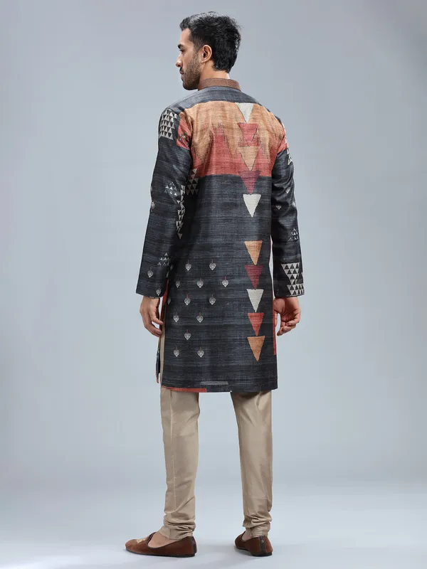 Dark grey cotton silk printed kurta pajama for men