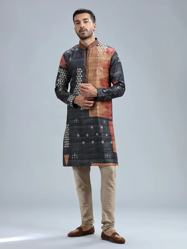 Dark grey cotton silk printed kurta pajama for men