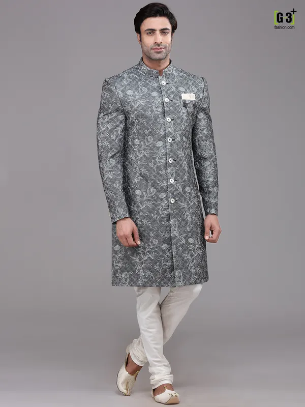 Dark grey georgette indo western with churidar