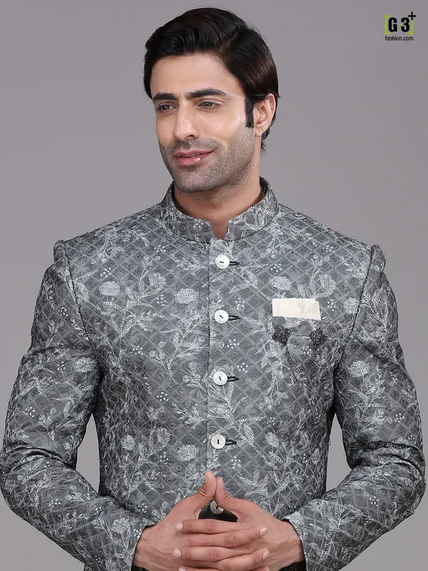 Dark grey georgette indo western with churidar