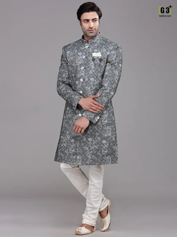 Dark grey georgette indo western with churidar