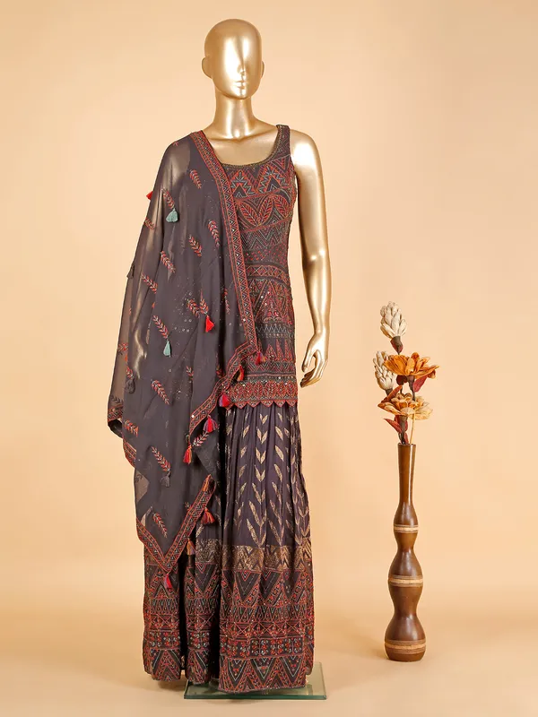 Dark grey georgette palazzo suit with dupatta