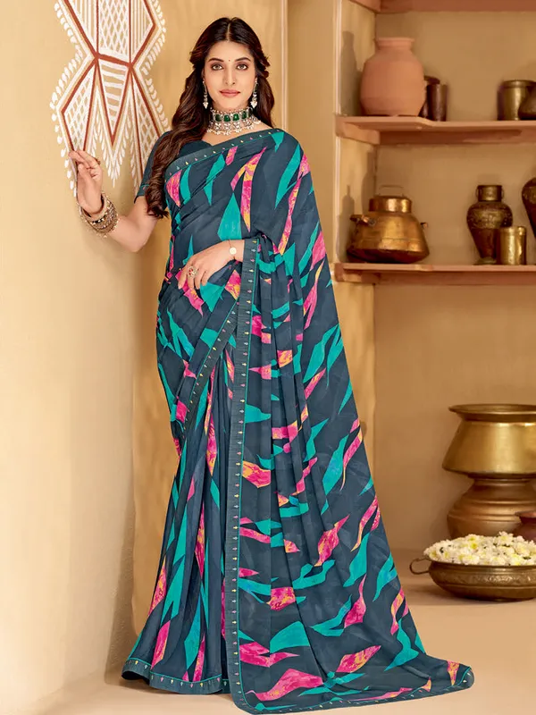 Prussian blue georgette printed saree