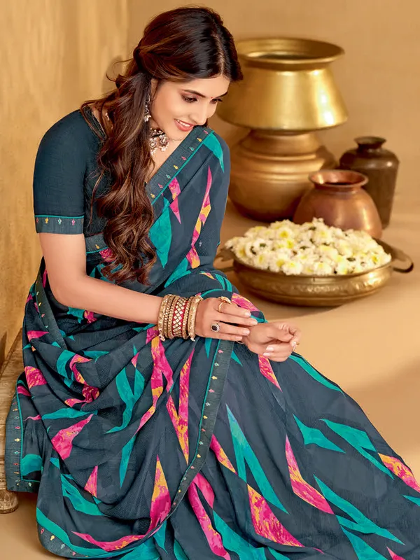 Prussian blue georgette printed saree