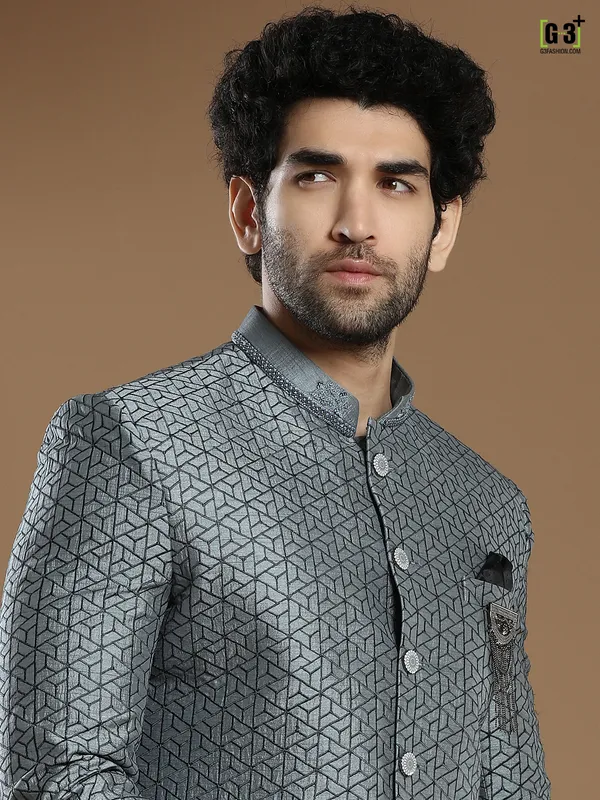 Dark grey hued silk wedding and party wear indo western for men