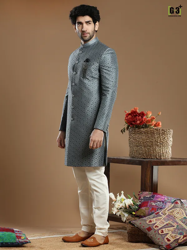 Dark grey hued silk wedding and party wear indo western for men