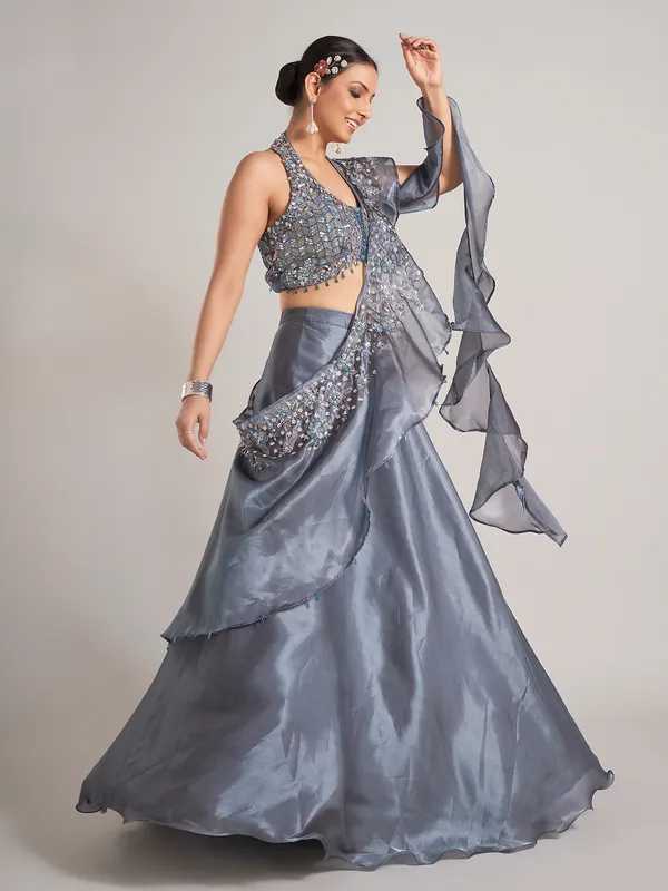 Dark grey organza lehenga choli with attetched dupatta