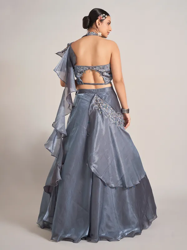 Dark grey organza lehenga choli with attetched dupatta