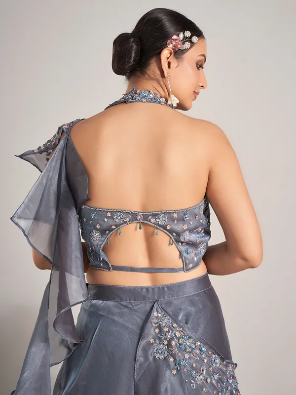 Dark grey organza lehenga choli with attetched dupatta