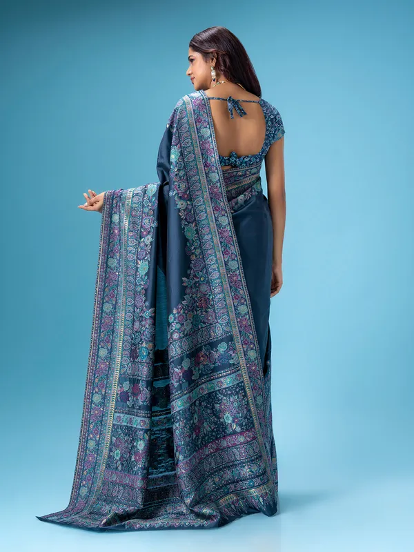 Dark grey pashmina silk saree for wedding wear