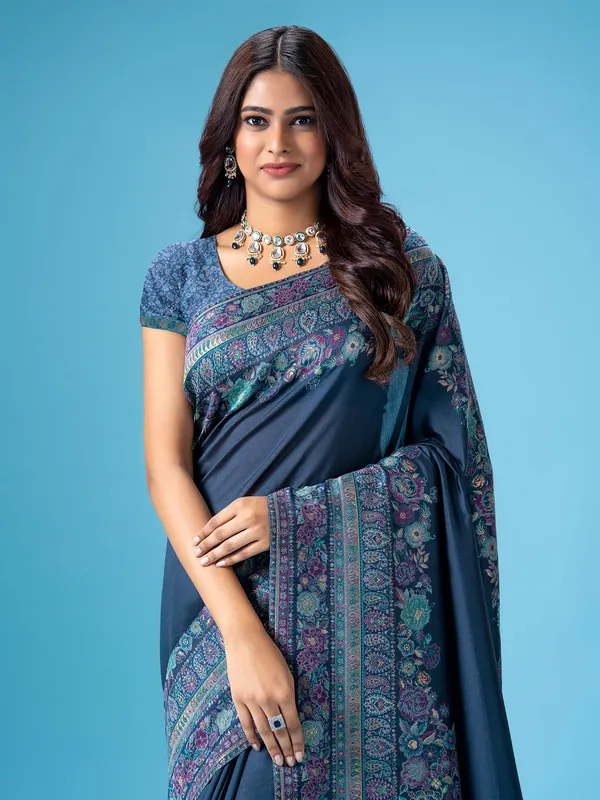 Dark grey pashmina silk saree for wedding wear