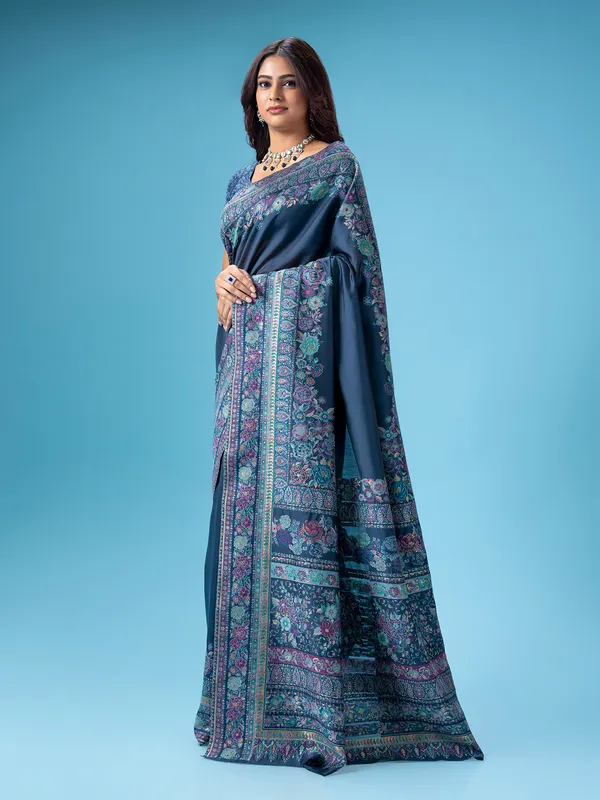 Dark grey pashmina silk saree for wedding wear